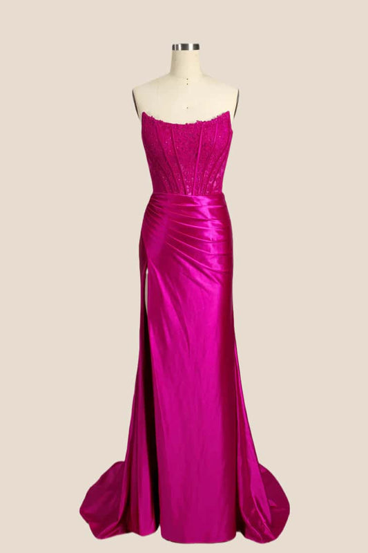 Strapless Fuchsia Lace Mermaid Formal Dress