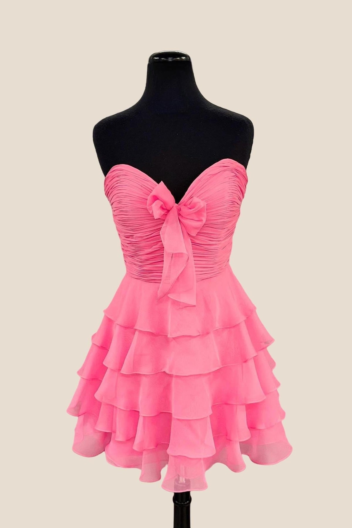 Strapless Green Chiffon Bow Ruffle Short Dress