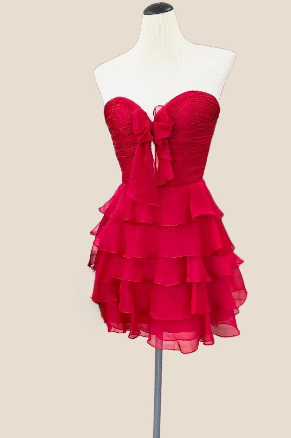Strapless Hot Pink Chiffon Bow Ruffle Short Dress
