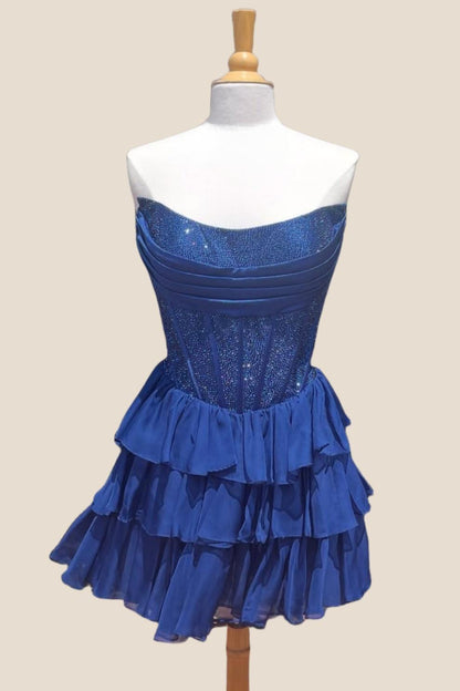 Light Blue Beaded Short Ruffle A-line Dress