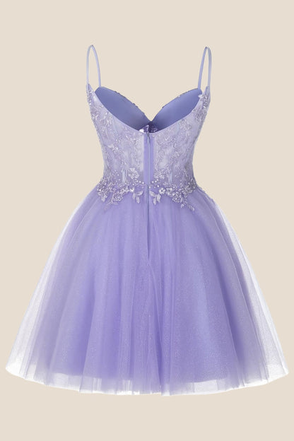 Lavender Straps Appliques A-line Short Dress