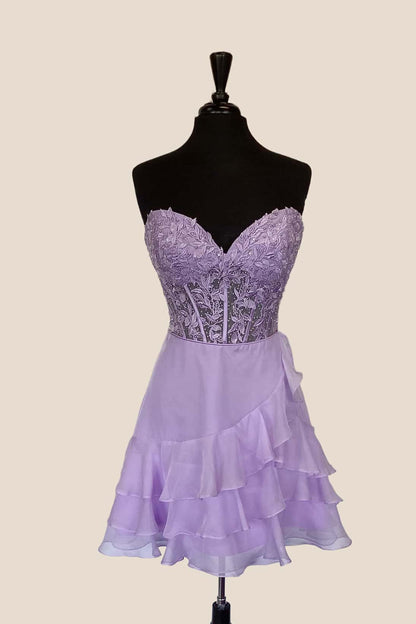 Lavender Sweetheart Appliques Chiffon Short Dress