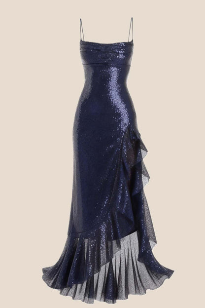Navy Blue Sequin Cowl Neck Frill Dress