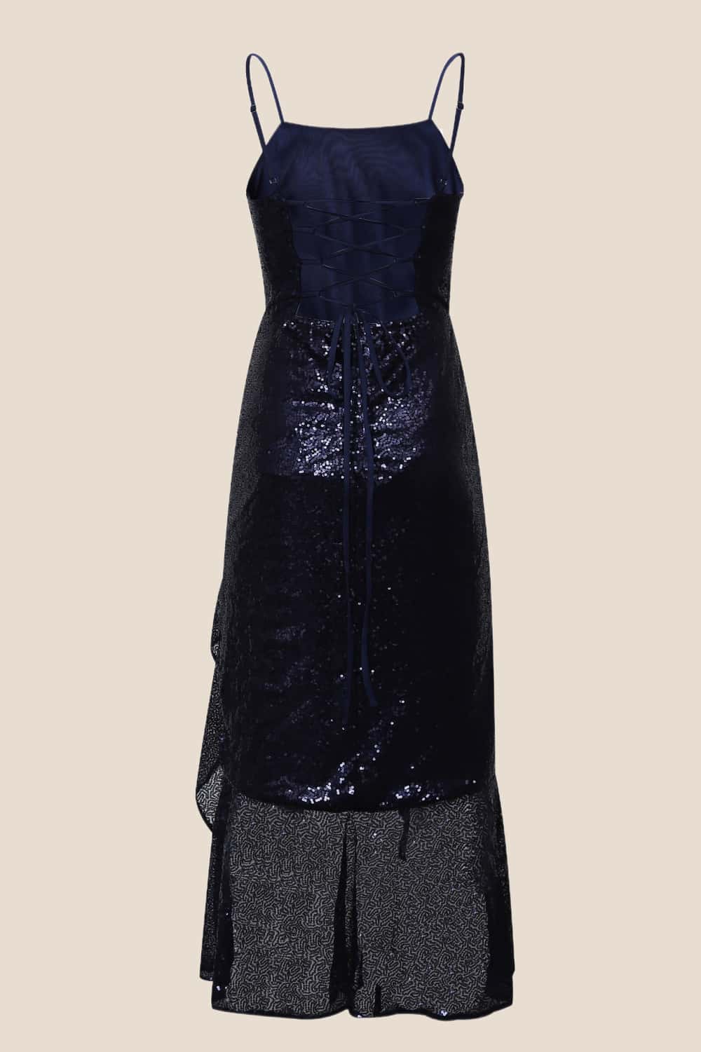 Navy Blue Sequin Cowl Neck Frill Dress