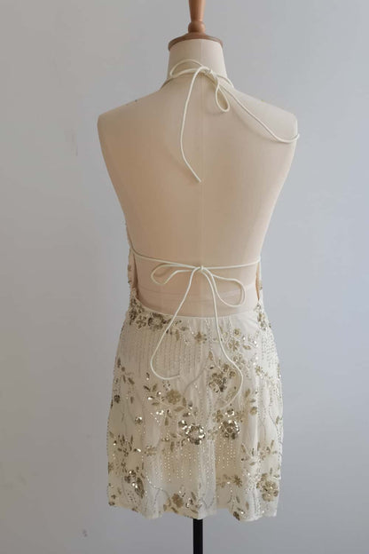 Light Yellow Halter Beaded Short Dress