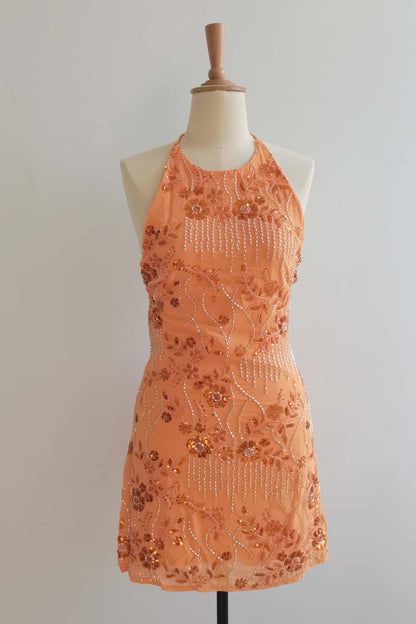 Light Yellow Halter Beaded Short Dress