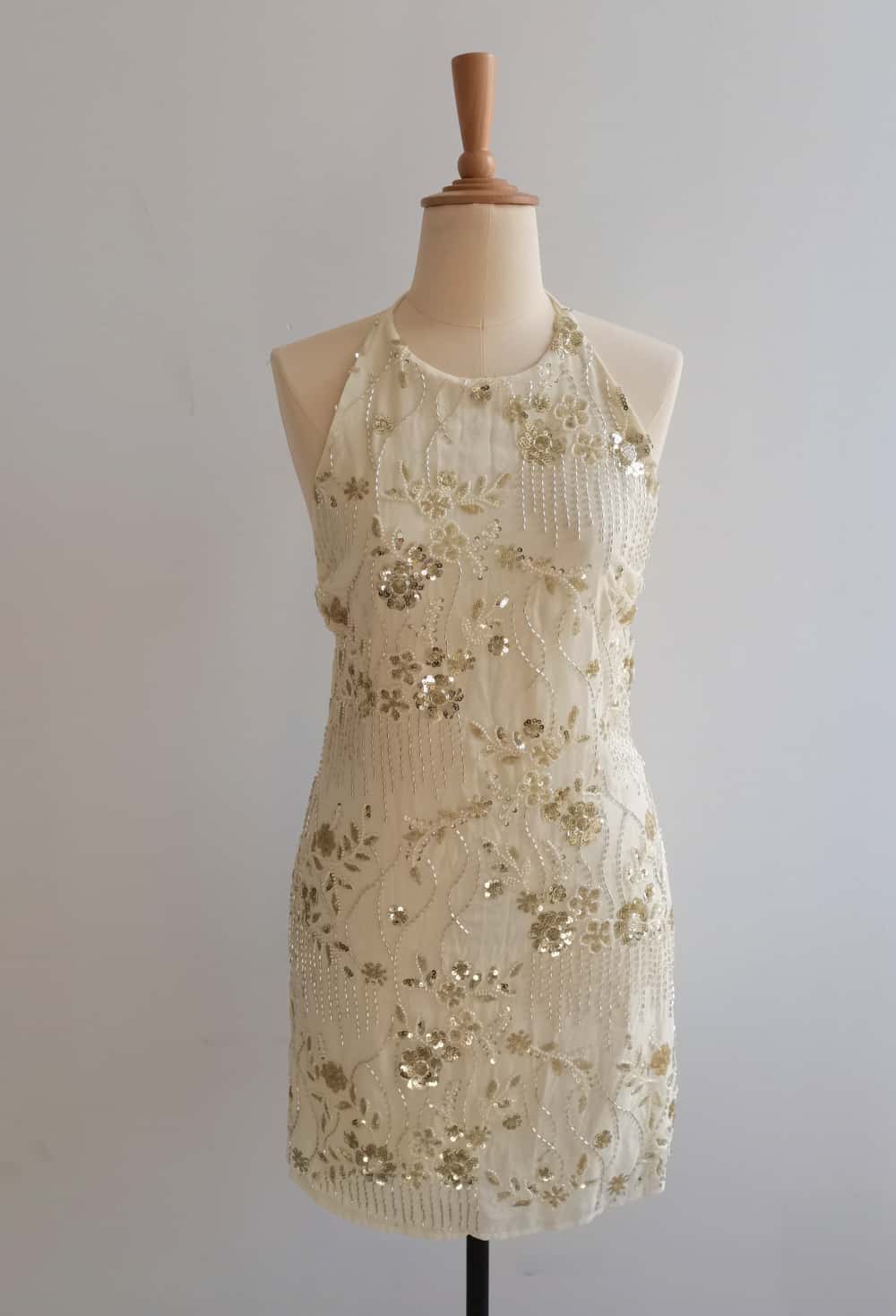 Light Yellow Halter Beaded Short Dress