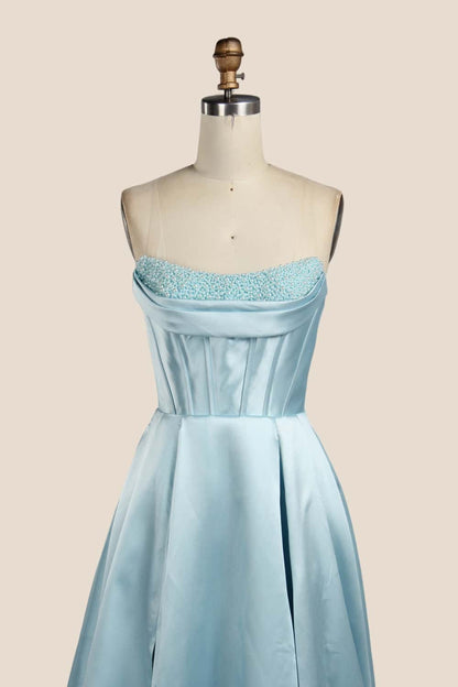 Light Blue Cowl Neck Pearls Satin Gown