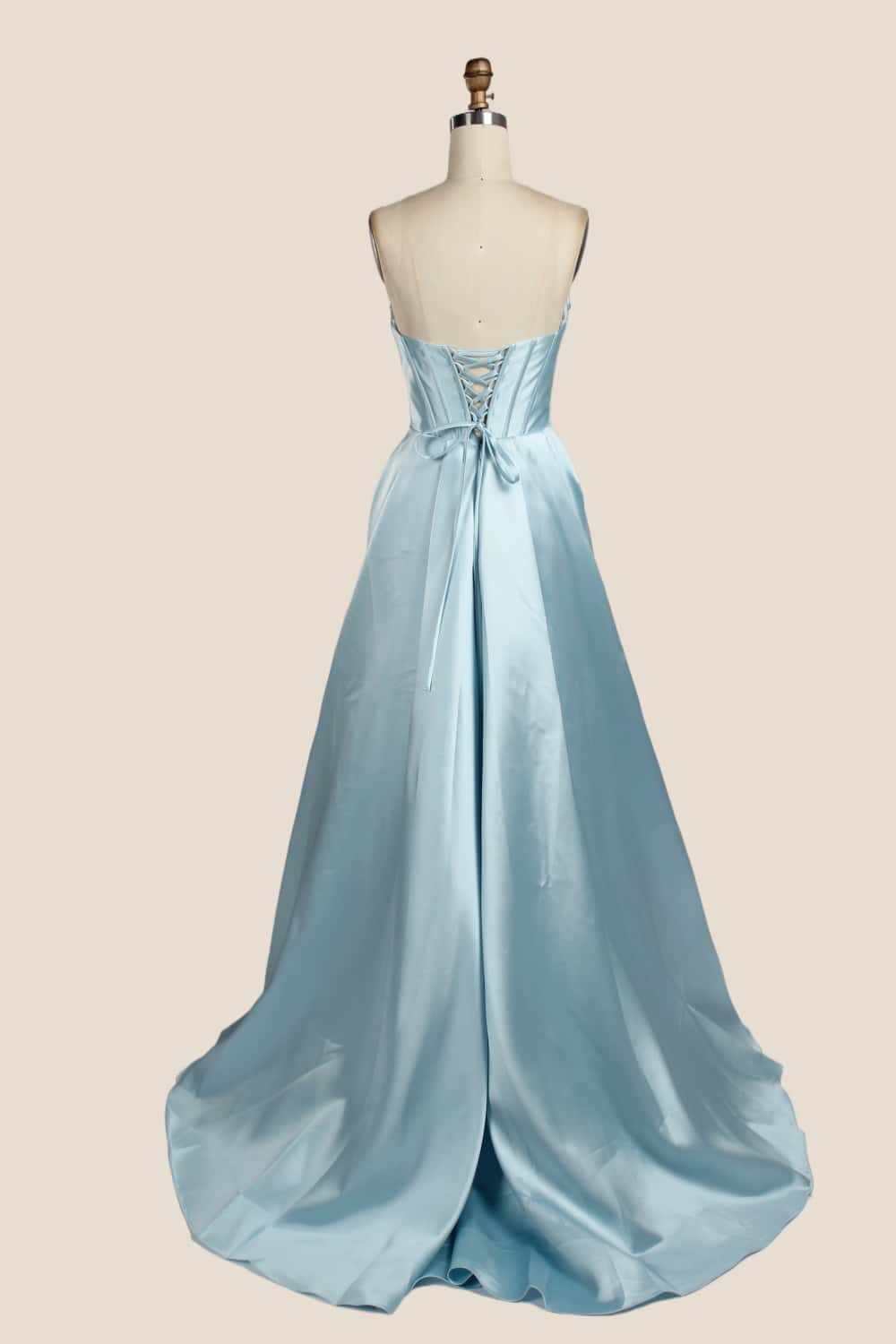 Light Blue Cowl Neck Pearls Satin Gown