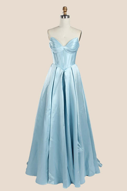 Light Blue Ruched Satin A-line Formal Dress