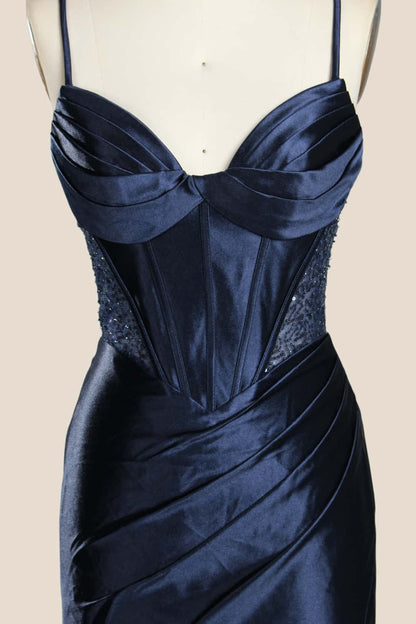 Navy Blue Ruched Satin Fitted Party Dress
