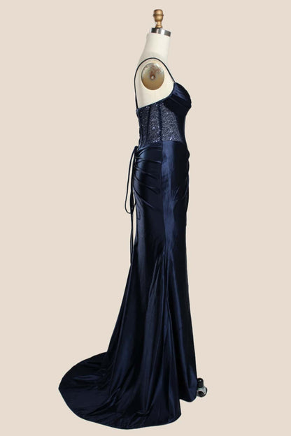 Navy Blue Ruched Satin Fitted Party Dress