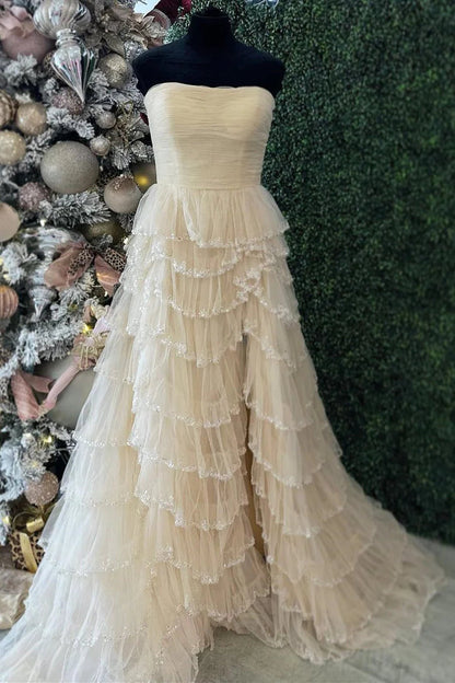 Light Blue Tulle Ruffle A-line Gown