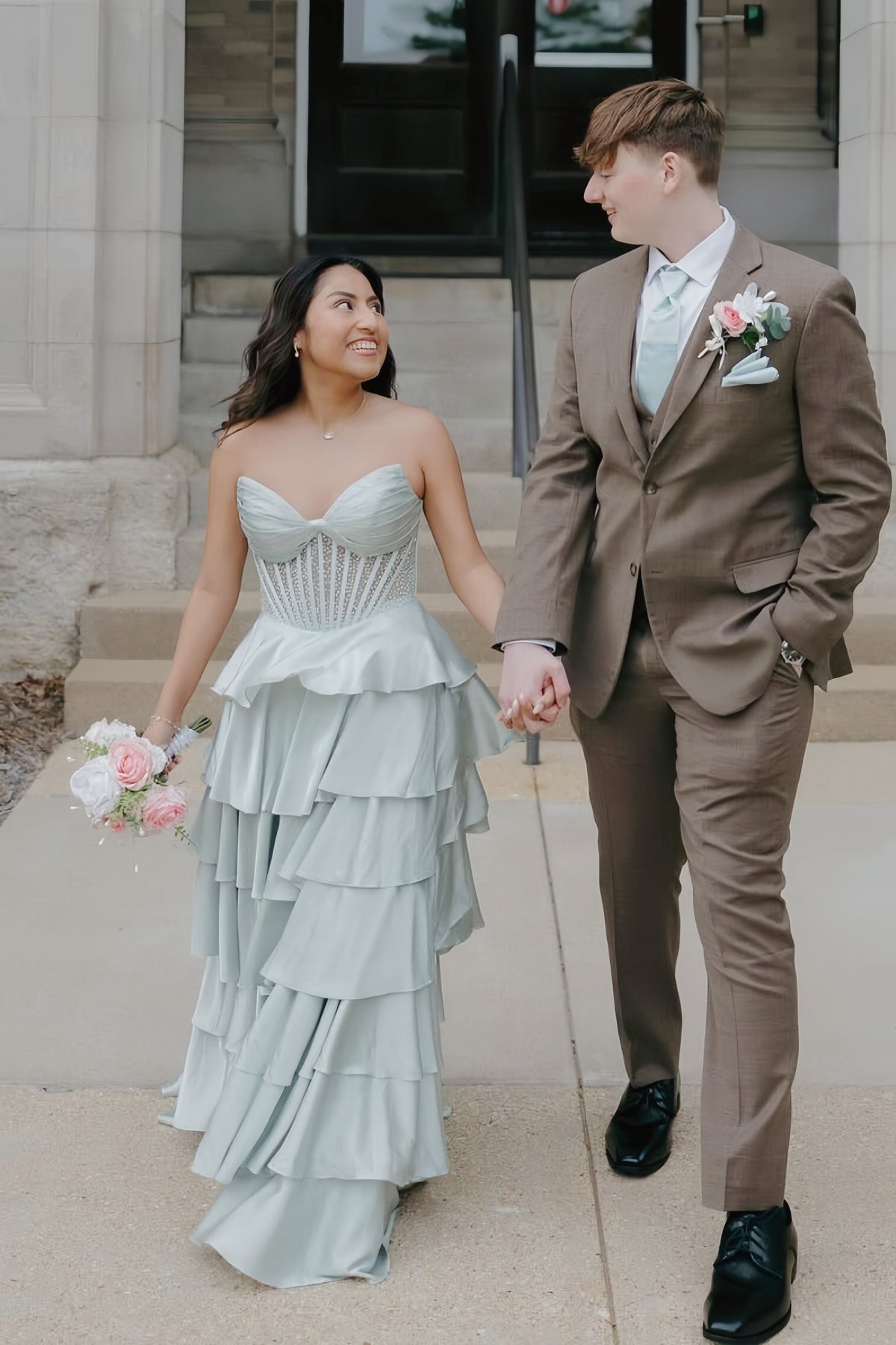Light Sage Beaded Corset Ruffle A-line Prom Dress