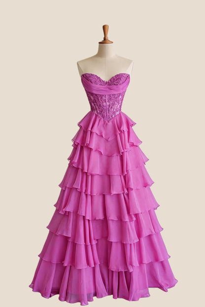 Lavender Lace Corset Chiffon Ruffle Long Dress
