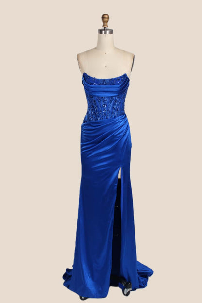 Strapless Dark Green Appliques Ruched Long Formal Dress