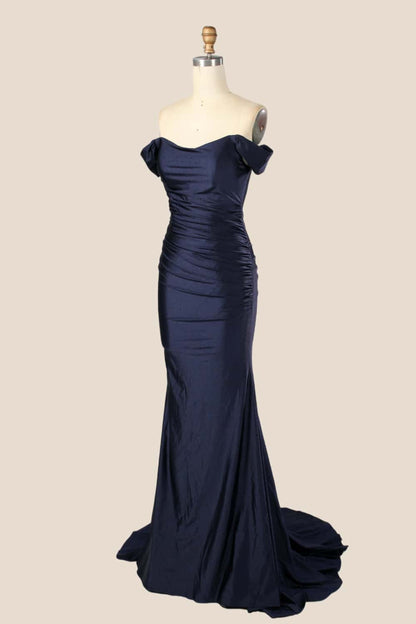 Off the Shoulder Navy Blue Satin Mermaid Formal Dress
