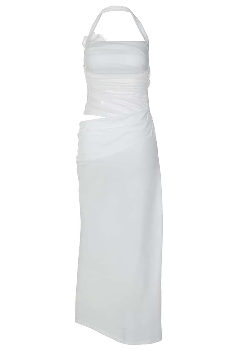 Halter White 3D Flowers Cutout Fitted Dress