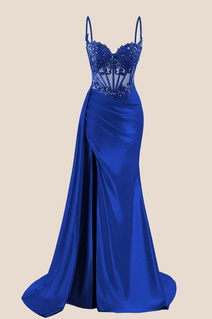 Navy Blue Corset Ruched Satin Prom Dress