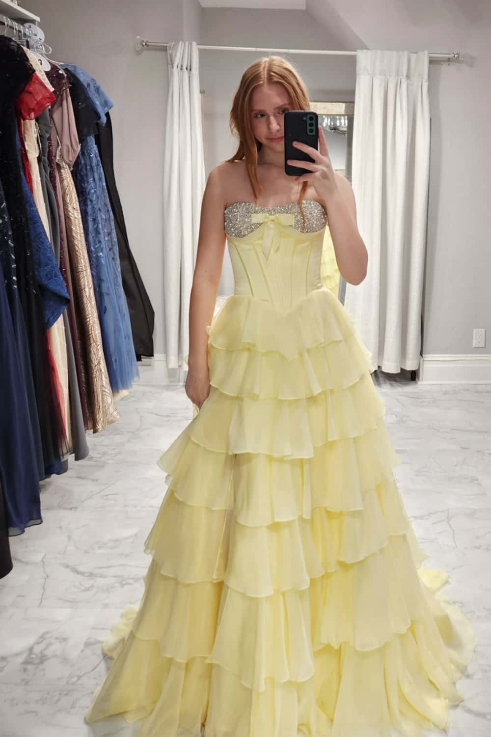 Light Blue Chiffon Ruffle Pearls Prom Dress