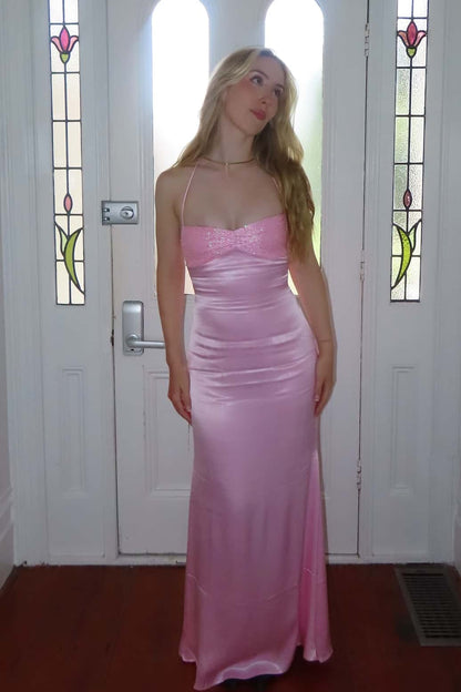 Halter Pink Satin Fitted Long Formal Dress