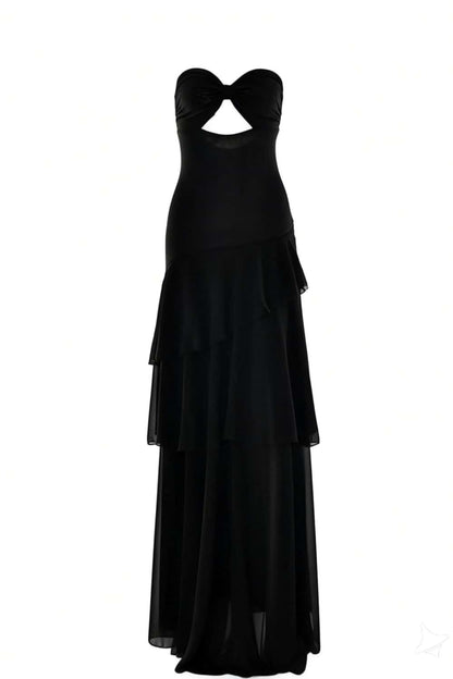 Keyhole Light Blue Chiffon Ruffle Maxi Dress