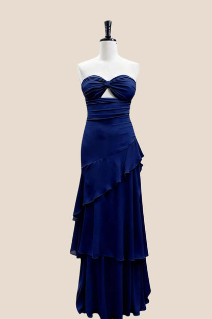 Keyhole Light Blue Chiffon Ruffle Maxi Dress