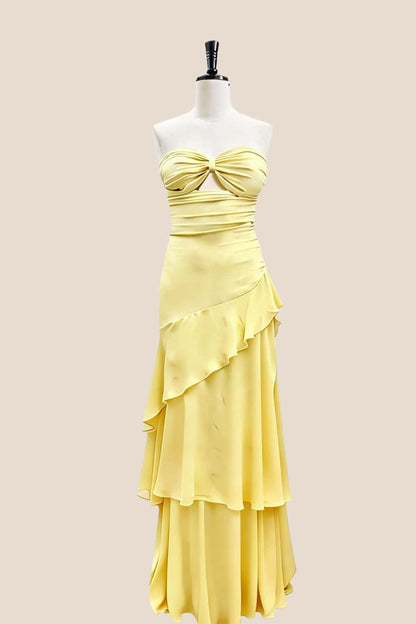 Keyhole Light Blue Chiffon Ruffle Maxi Dress