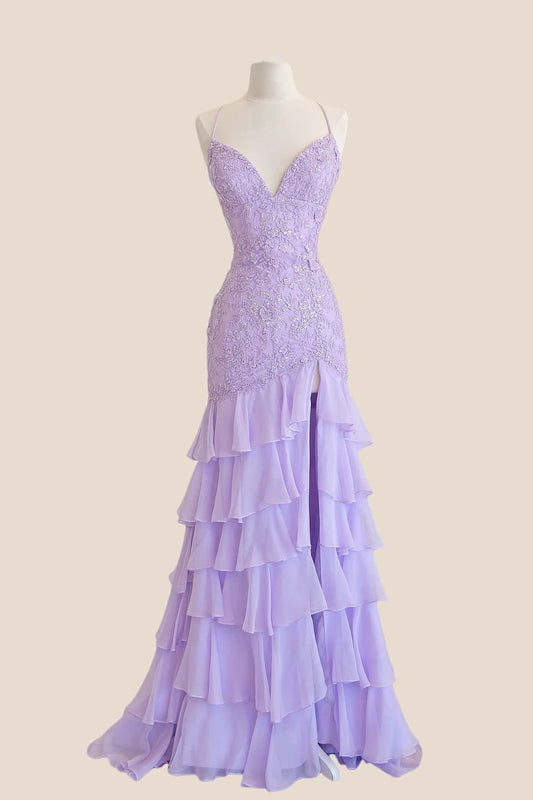 Lavender Appliques Ruffle Mermaid Long Prom Dress