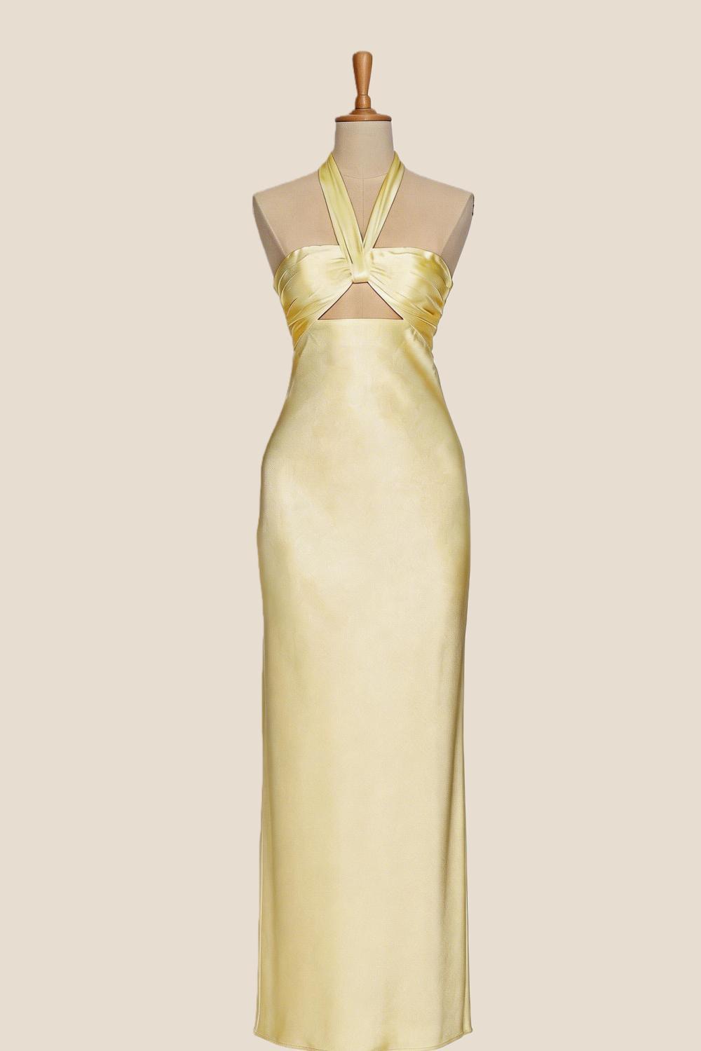 Halter Yellow Soft Satin Fitted Long Dress