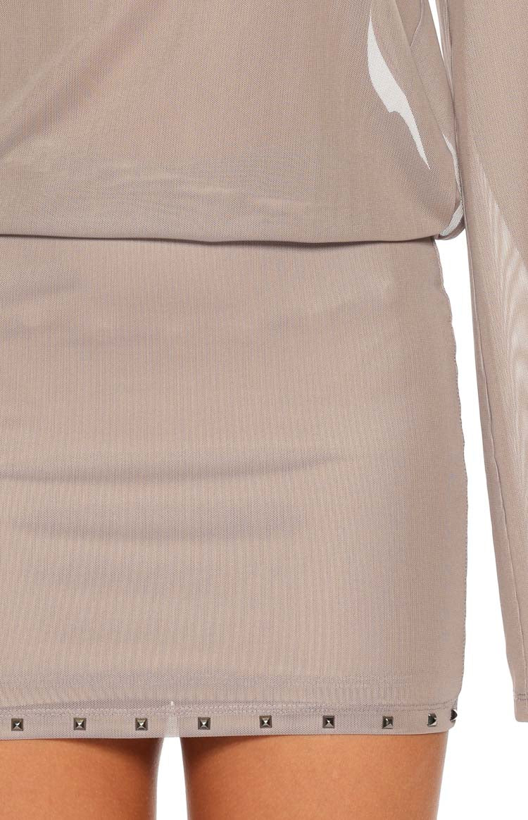 Obie Brown Sheer Mesh Stud Hem Mini Dress