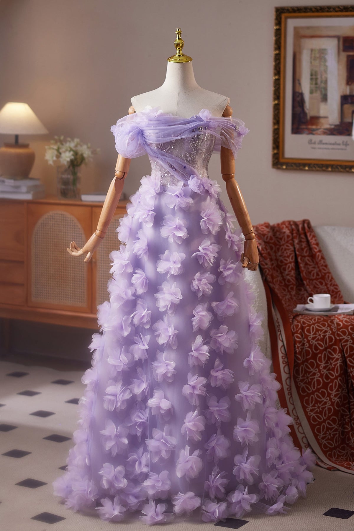 Off the Shoulder Lilac Floral Long Dress with Sequin