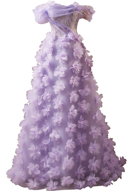 Off the Shoulder Lilac Floral Long Dress with Sequin