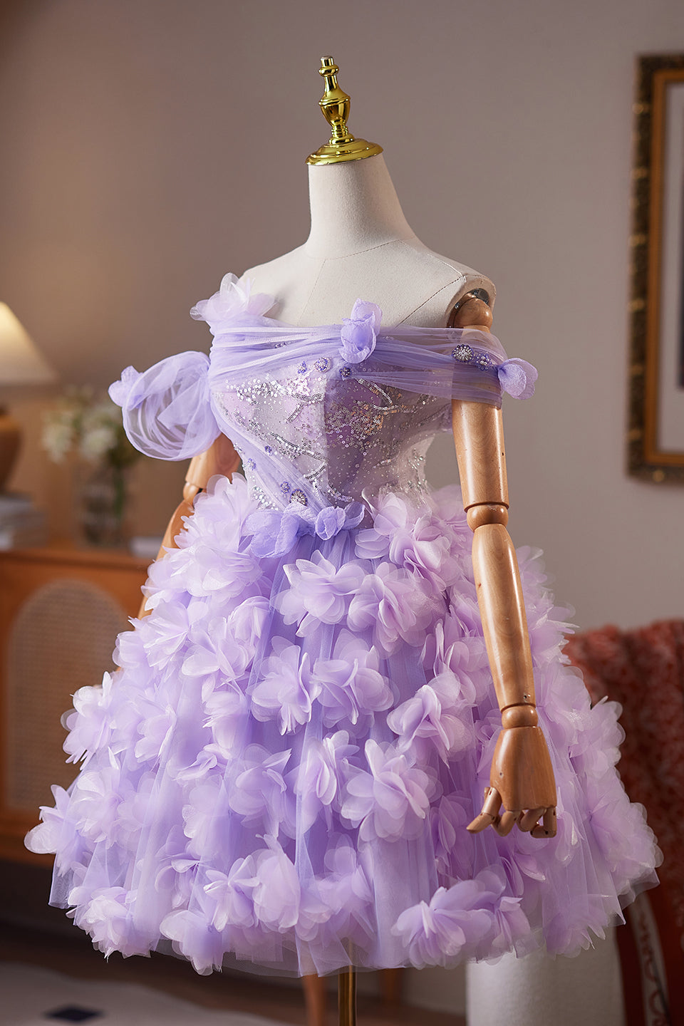 Off the Shoulder Lilac Floral Short Dress with Sequin