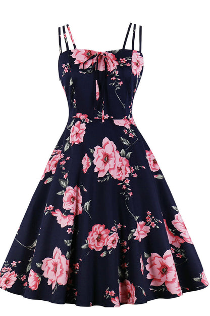 Navy Blue and Pink Floarl Swing Dress