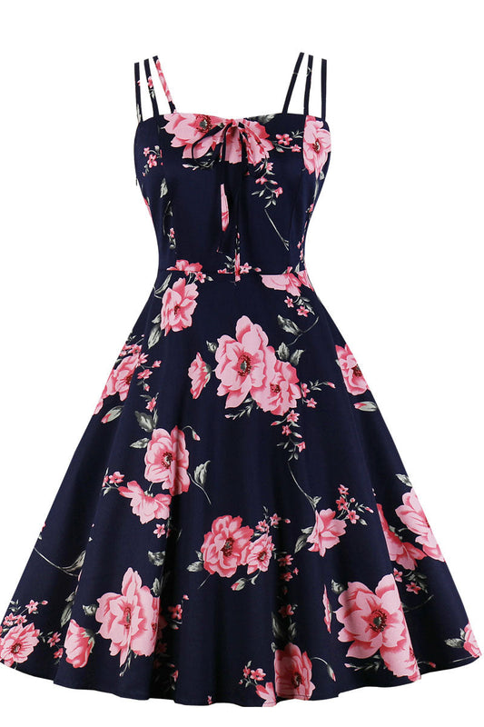 Navy Blue and Pink Floarl Swing Dress