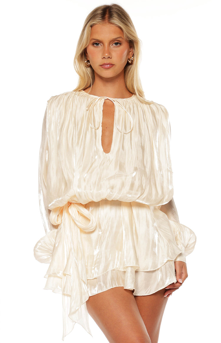 Quinton Pearl Satin Long Sleeve Tie Mini Dress