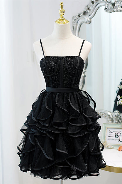 Navy Blue Beaded Ruffled Short A-line Party Dresss
