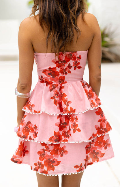 Sofia Pink Floral Strapless Ruffle Mini Dress