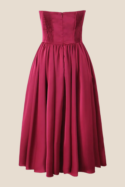 Strapless Burgundy Pleated A-line Midi Dress