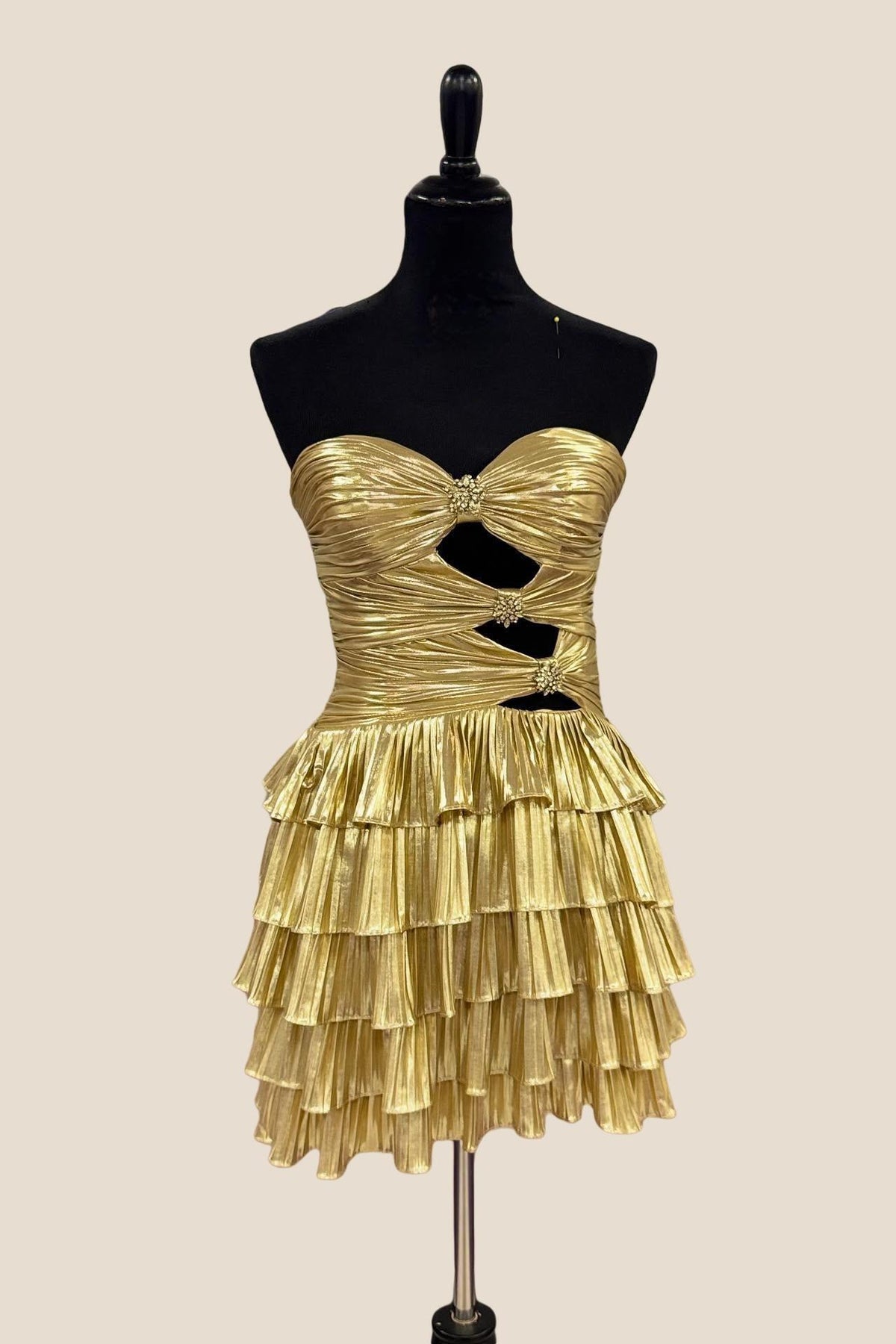 Strapless Gold Ruched Metallic Short Dress with Keyhole