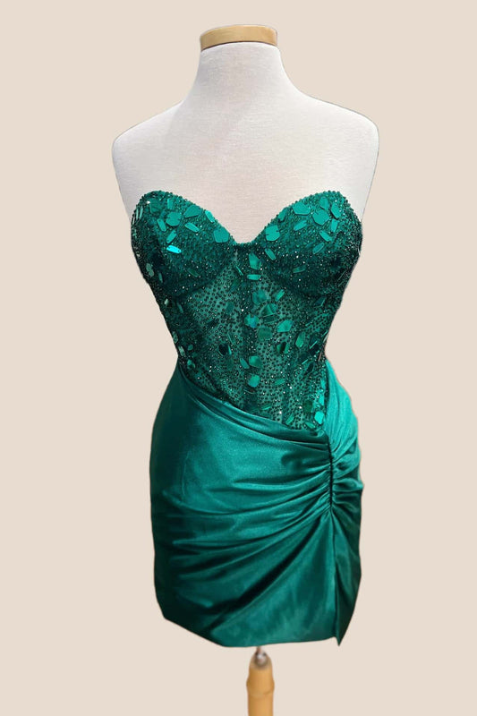 Strapless Emerald Green Mirror Glass Short Dress