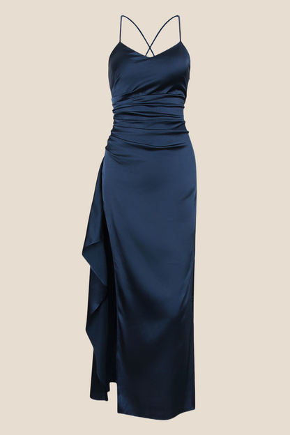 Navy Blue Straps Satin Ruched Long Dress with Slit