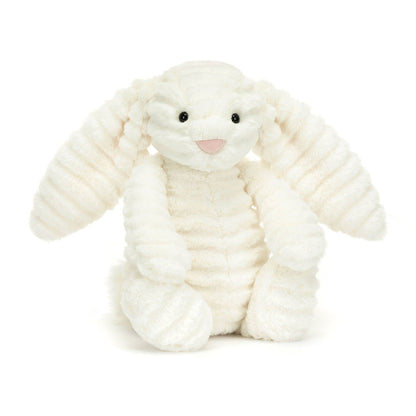 Plush bunny toy with white ribbed fur pattern and pink nose