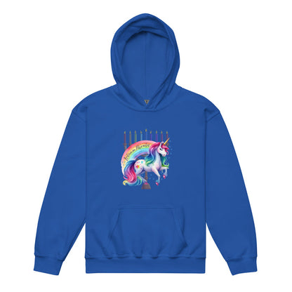Believe in Miracles Rainbow Unicorn Hanukkah Youth Heavy Blend Hoodie Salt and Sparkle