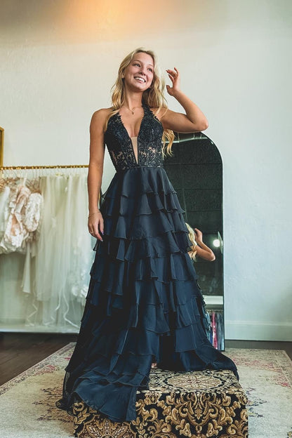 Halter Yellow Appliques Ruffle Long Dress