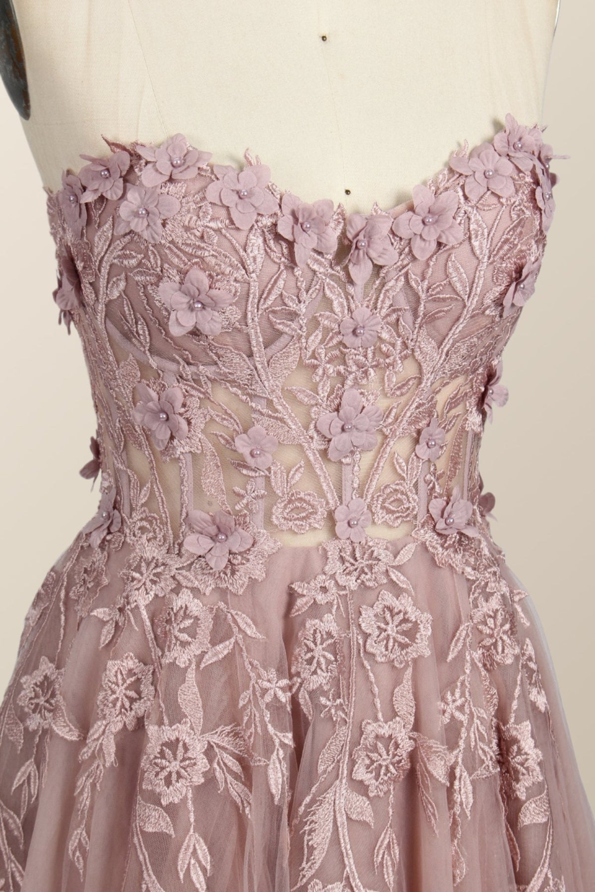 Light Blue Floral Embroidery Strapless A-line Formal Dress