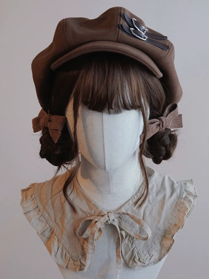 Brown Leather Buckle Beret