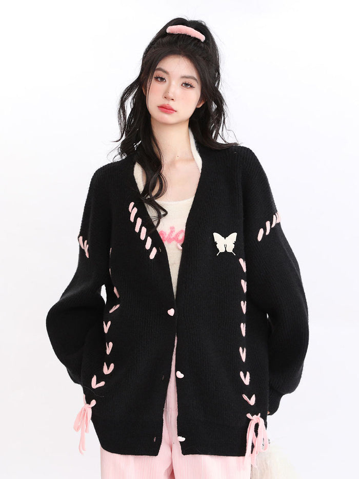 Butterfly Ribbon Heart-Shaped Button Cardigan Sweater Coat
