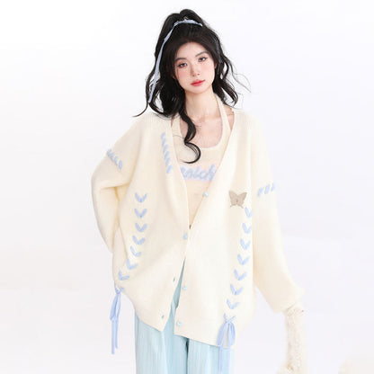 Butterfly Ribbon Heart-Shaped Button Cardigan Sweater Coat
